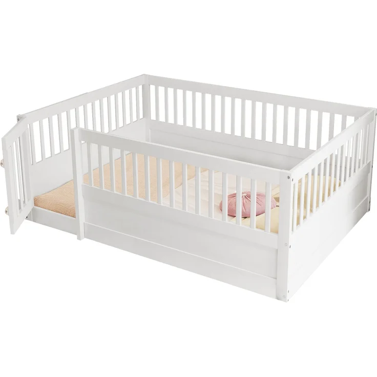 Kinder Bodenbett aus massivem Kiefernholz 140x200 cm mit Zaun & Tür,sicheres Spielbett,offenes Hausbett,Weiß – Bild 5