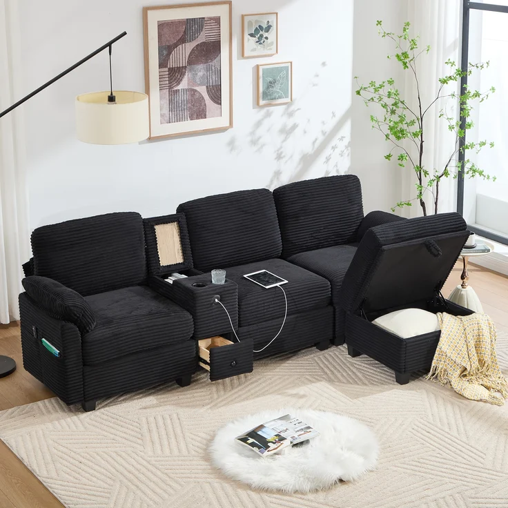 LVHOM 3-Sitzer Sofa mit Hocker, L-Form Ecksofa mit Stauraum, USB-C-Anschluss und 2 Getränkehaltern, modulares Sofa, Schwarz – Bild 10