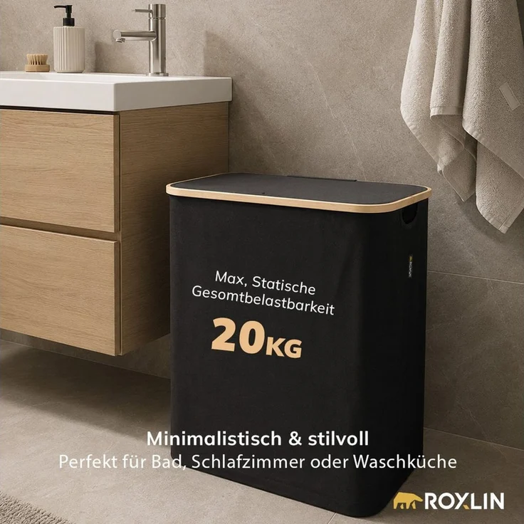 Roxlin Wäschekorb Wäschekorb 150L faltbar mit Deckel, wasserdicht, 2 Taschen – Bild 3