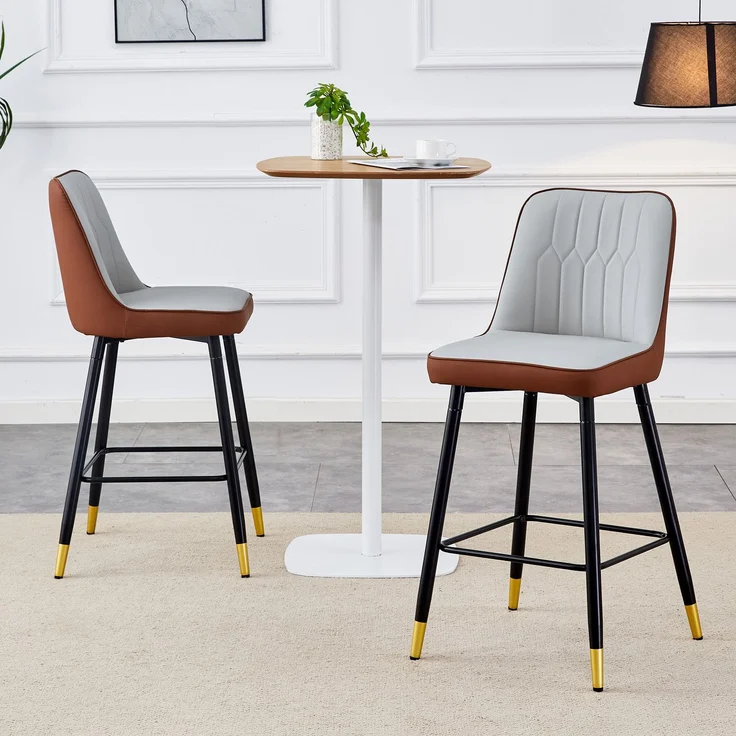 2er-Set Barhocker, 100 cm hoch, aus hellgrauem/braunem PU-Leder in Kombination mit schwarzem Metallgestell und bequemer Fußraste, Die ideale Wahl für Ihre Hausbar.--Braun+Schwarz, Hellgrau--42x45x100cm--YOUDENOVA – Bild 3