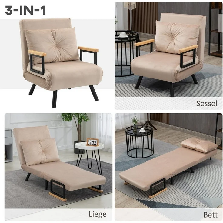 HOMCOM Schlafsofa Schlafcouch mit Bettfunktion, Verstellbare Sessel 1 Teile, 73 x 63 x 81 cm, Beige – Bild 3