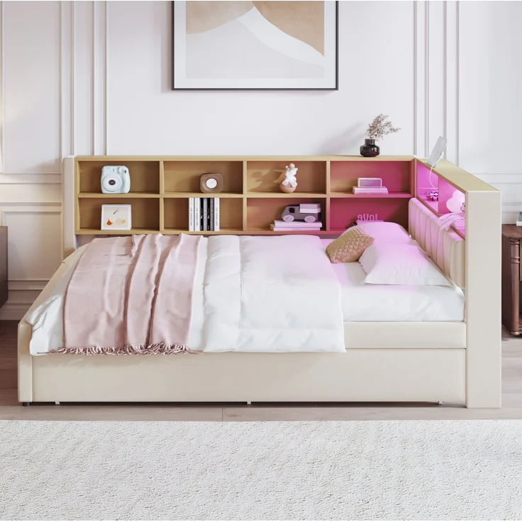 CHICFURN Bett Flanell Beige 140x200 cm mit Ausziehbett 90x190 cm, LED-Beleuchtung und USB- und Type-C-Anschlüssen – Bild 3