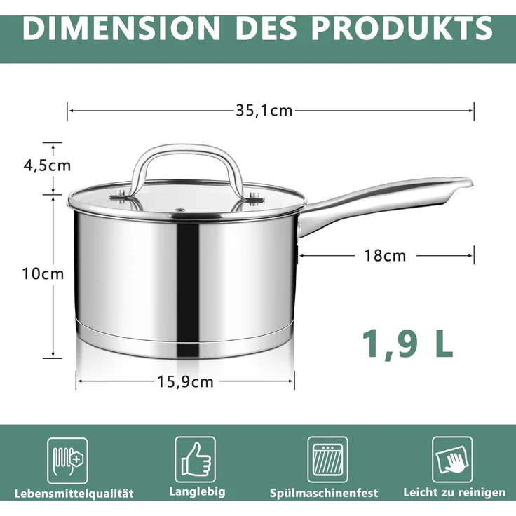 TEAMFAR Stielkasserolle 16cm Edelstahl Induktion Glasdeckel 1,9L – Bild 2