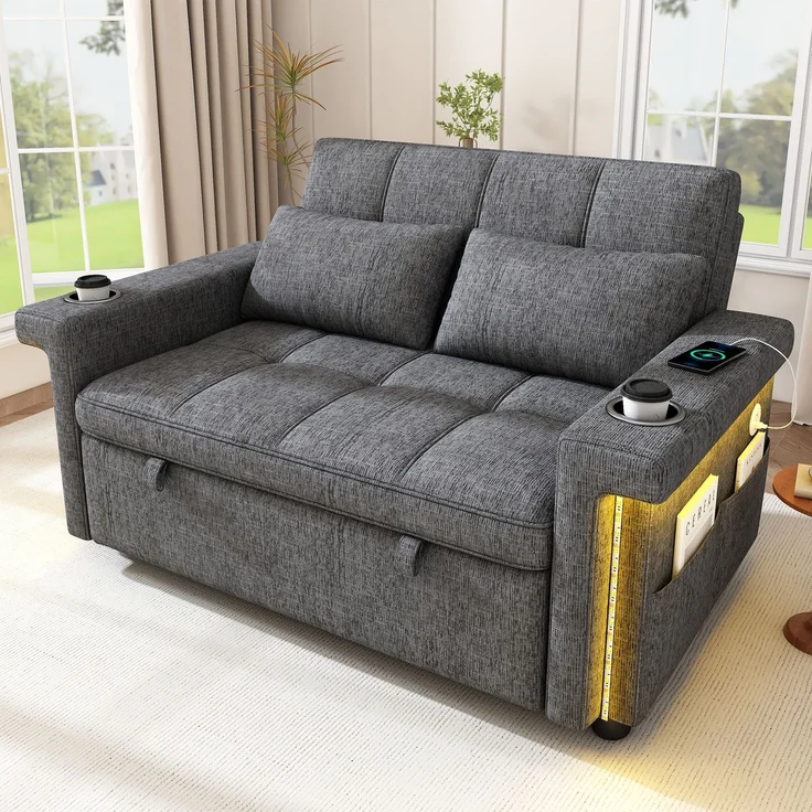 Merax 2-Sitzer Sofa, Schlafsofa mit Schlaffunktion, LED-Beleuchtung, USB/Type-C-Ladeanschluss, verstellbare Rückenlehne, Kissen, Getränkehalter, Seitentasche, Chenille Stoff, Grau – Bild 3