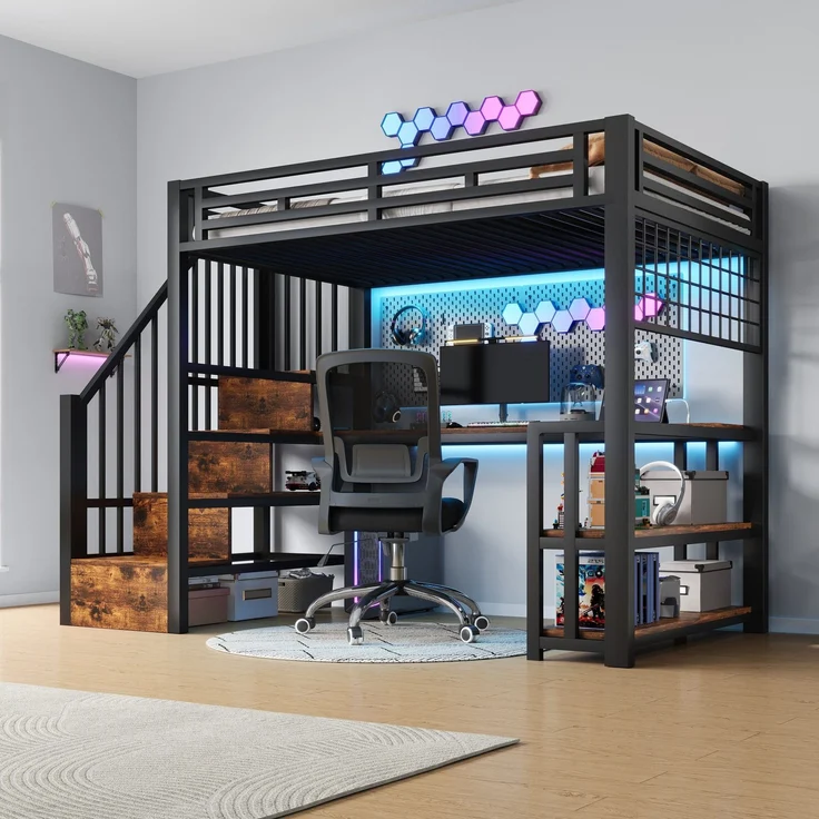 Hochbett mit RGB LED-Streifen, Schreibtisch, Treppe, Regal, Wandgitter, USB, Type-C, 90x200cm, Kinderbett, Metallbett – Bild 3