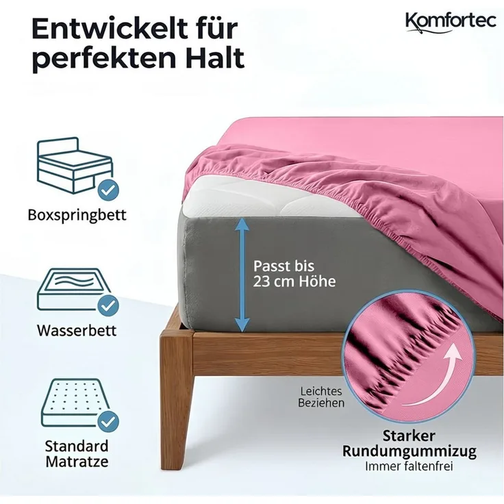Komfortec Spannbettlaken Jersey Spannbettuch, 90x200, 140x200, 160x200, 180x200 oder 200x200 cm, 100% Baumwolle (135 g/m), Gummizug: Rundum, (1 Stück), OEKO-TEX® Standard 100 Zertifisiert, für Matratzen bis 25 cm Höhe
