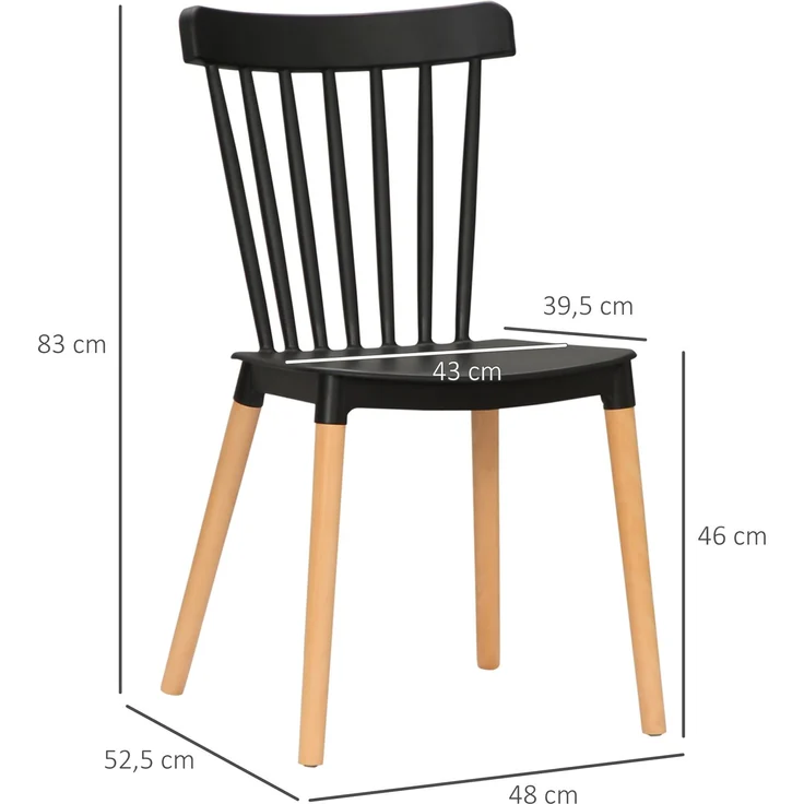 Wohnora-Set aus 4 Stühlen im skandinavischen Stil mit hoher Rückenlehne, Sitzflächen aus Polypropylen, Beinen aus Buchenholz, 48 x 52,5 x 83 cm, schwarz,H 830cm x T 640cm x B 525cm – Bild 4
