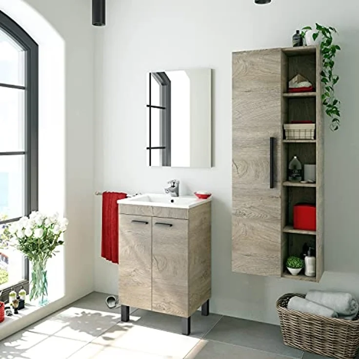 ARKITMOBEL, Badezimmerschrank mit 2 Türen & Spiegel – Waschbeckenmodul zur Wandmontage in Eiche Alaska, modernes Badmöbel, Maße: 50 x 80 x 40 cm (B x H x T), Modell Koncept (ohne Waschbecken) – Bild 2