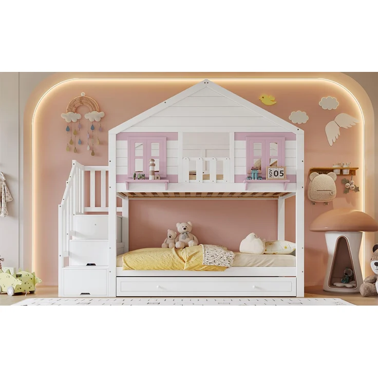 Merax Etagenbett, mit Rollbett, Kleideraufhängebereich, mit Fenster und Dach, Stabiler Lattenrost, Holz Weiß+Rosa, 90x200cm – Bild 8