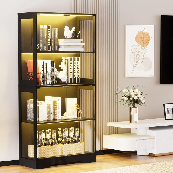 Vierstöckige Glasvitrine mit Stauraum, LED-Beleuchtung, Glastüren und intelligenten Sensoren, Als Glasvitrine für Wohnzimmer, Schlafzimmer und Büros geeignet, Schwarz--Schwarz--80x35x165cm--YOUDENOVA – Bild 3