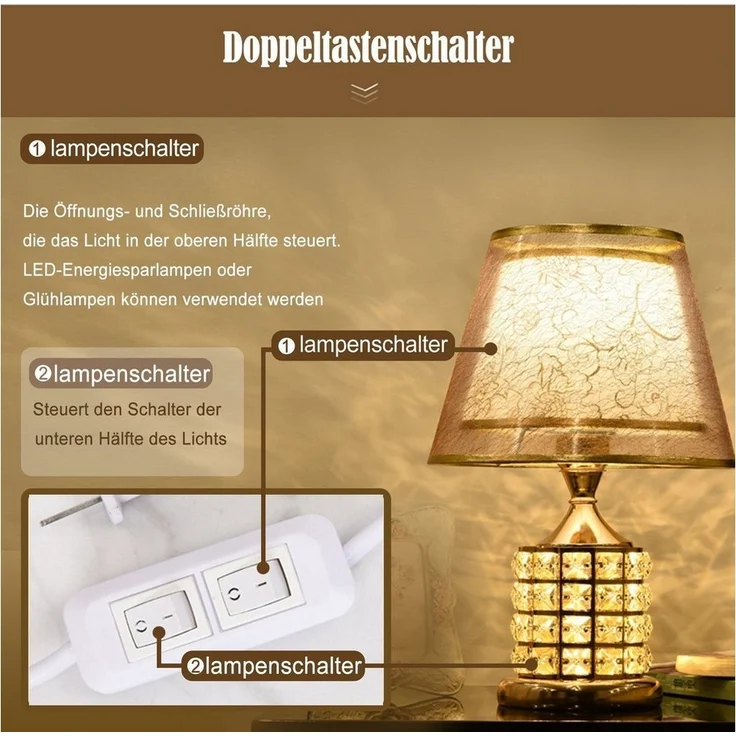 Luckice LED Nachttischlampe Schlafzimmerlampe,Gold Tischlampe Vintage,LED Teichleuchte, LED wechselbar, Knopfschalter,einfach zu bedienen. Kristallbasis,High-End-Luxus, tischlampe wohnzimmer/tischlampe schlafzimmer /tischlampe gold – Bild 2