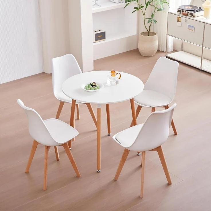 Esszimmerstuhl 8er Set Massivholzbeine Stuhlkissen 8 Stühle Weiß+beige – Bild 2