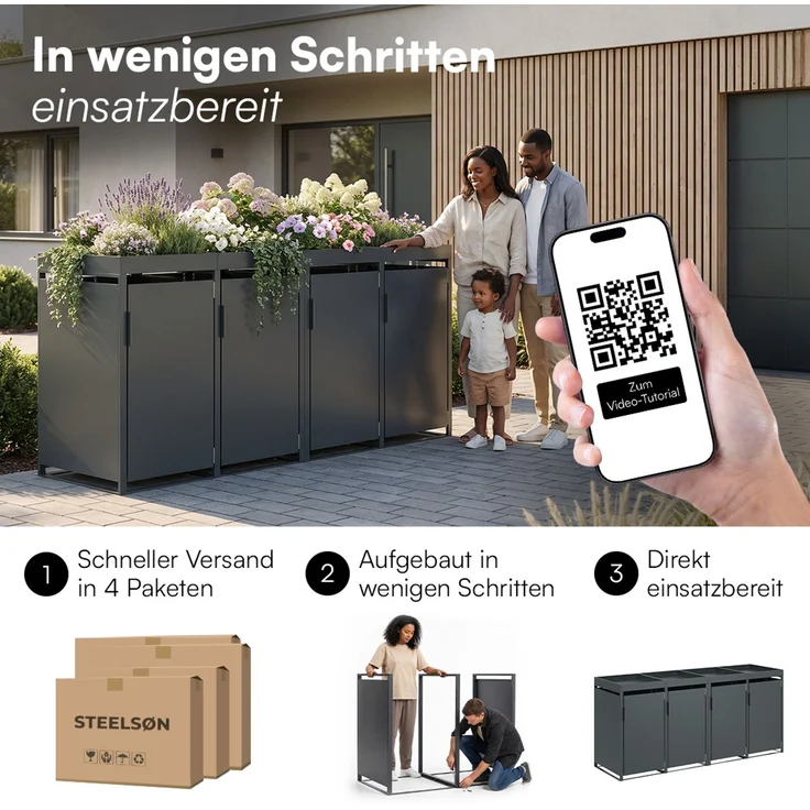 STEELSØN 'Thoria' Mülltonnenbox 4er je 240 Liter, anthrazit, Mülltonnenverkleidung aus Stahl, wetterfest, 125x80x268 cm, Müllbox mit Pflanzendach für 4 Tonnen – Bild 10
