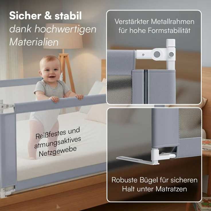 Bellabino 'Drina' Bettschutzgitter mit 2 Sicherheitsgurten, Rausfallschutz klappbar & höhenverstellbar, aus Oxford-Stoff & Metall, 200 cm, hellgrau – Bild 3