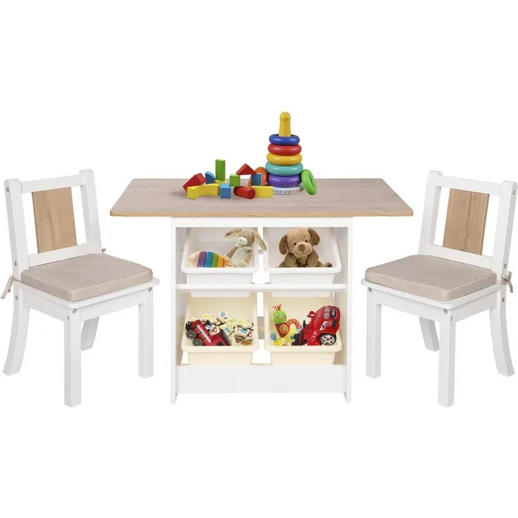 ONVAYA Kindertisch-Set mit Stühlen, mit Stauraum, Holz weiß