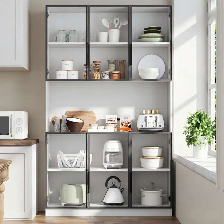 Vitrine 120x34x200 cm in Weiß mit Glastüren und App-gesteuerter LED-Beleuchtung