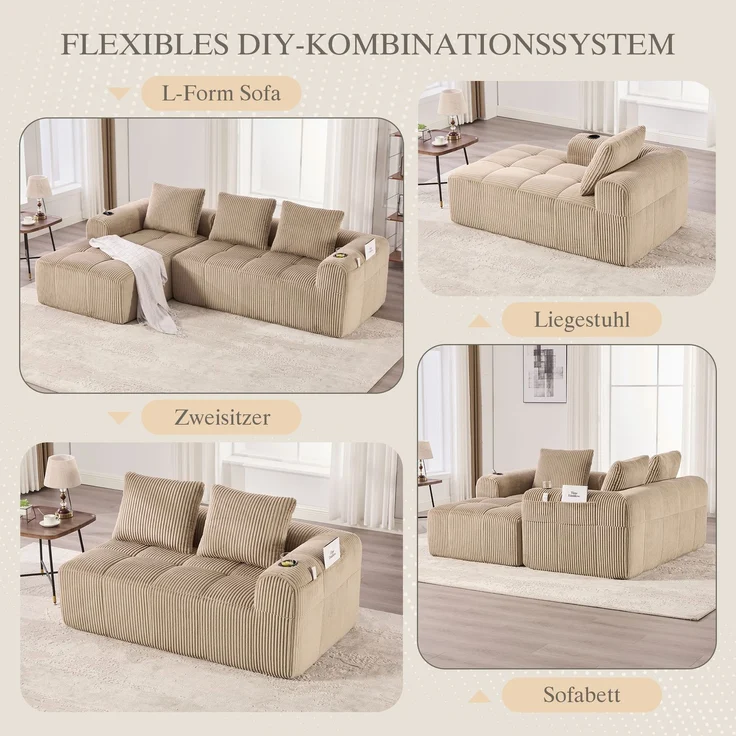 LVHOM Ecksofa 3 sitzer, Bodensofa mit Seitentaschen und Getränkehalter, Polstersofa aus Cordstoff, frei Kombination, Modulares Chaiselongue-Sofa-Set, 253x158x61 cm – Bild 3