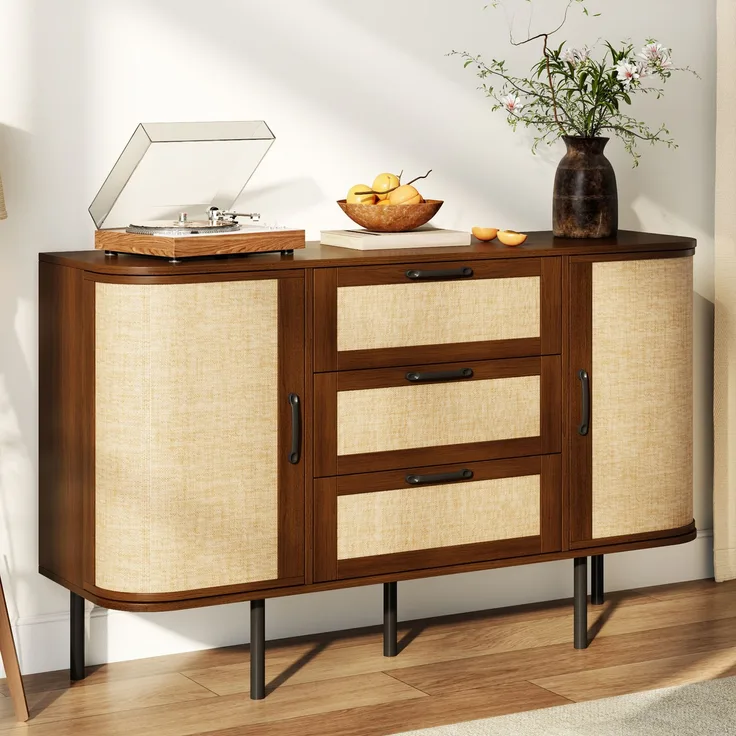 Flieks Sideboard 120 x 40 x 82 cm mit 2 Türen, 3 Schubladen, Geflechtfronten und verstellbaren Einlegeböden, Walnussholzoptik