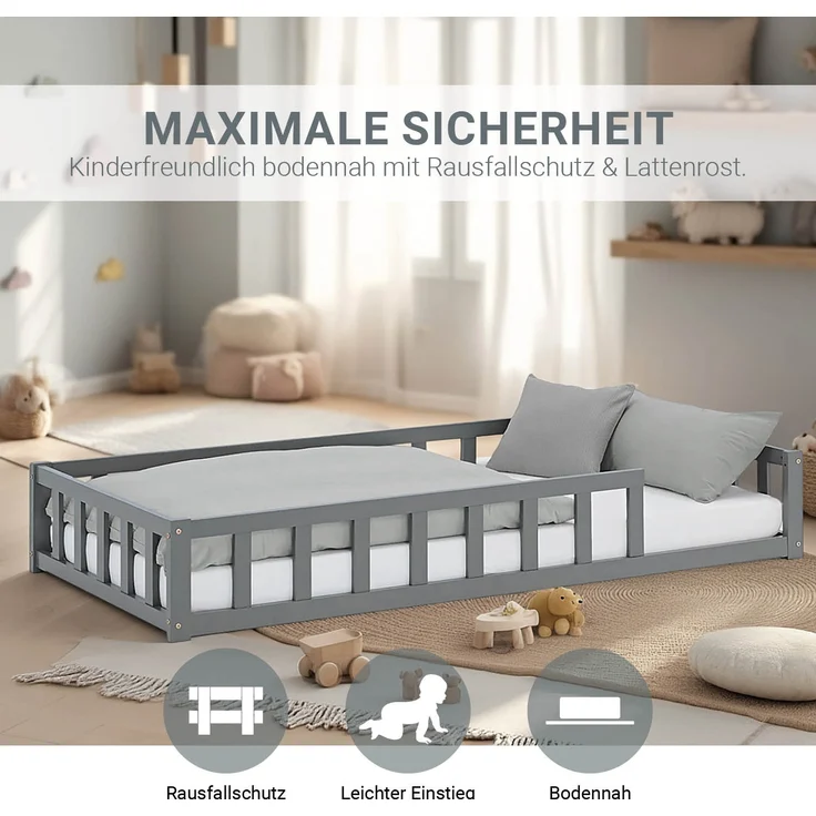 Kinderbett 90x200 mit Matratze Bodenbett mit Rausfallschutz Grau Montessori Bett Kleinkindbett Holz Kiefer Massiv – Bild 4
