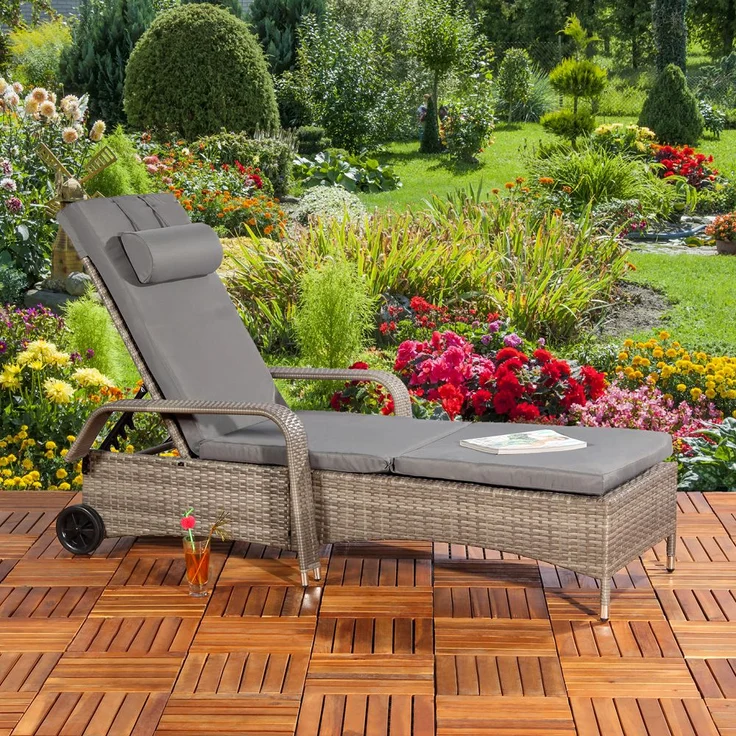 Sonnenliege grau Polyrattan Gartenlounge Liegestuhl Relax Terrasse Sitzgruppe – Bild 2