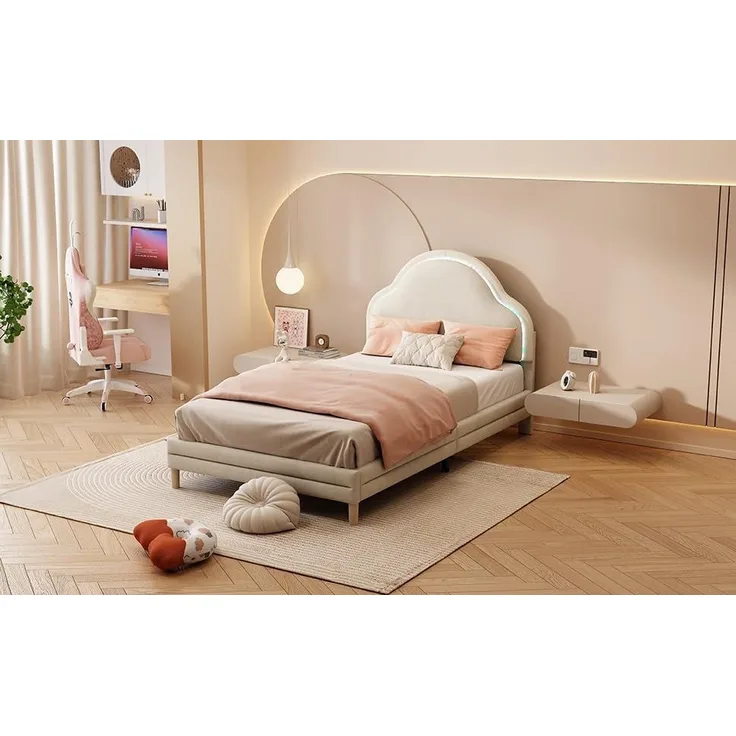 Ball & Cast Kinderbett (90x200 cm) mit Lichtstreifen und Weichen Schutzkanten, Polsterbett mit Wolkenartigem Kopfteil, Einfach & Zeitsparend Montierbar, Beige