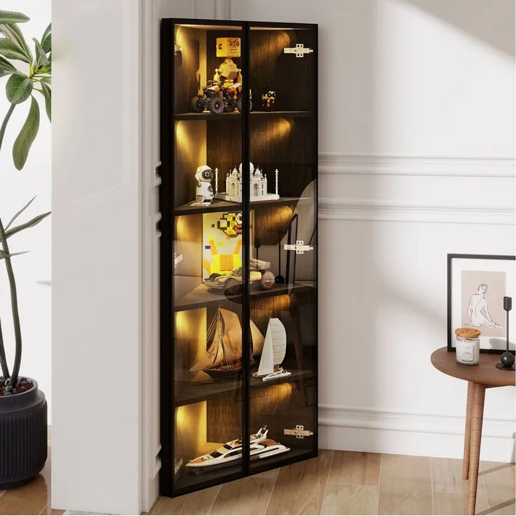 Merax Glasvitrine Eckschrank Eckvitrine mit LED Licht (1-St) Eckvitrine Hochschrank mit 2 Glastüren, Vitrinenschrank, 62 x 35 x 160 cm