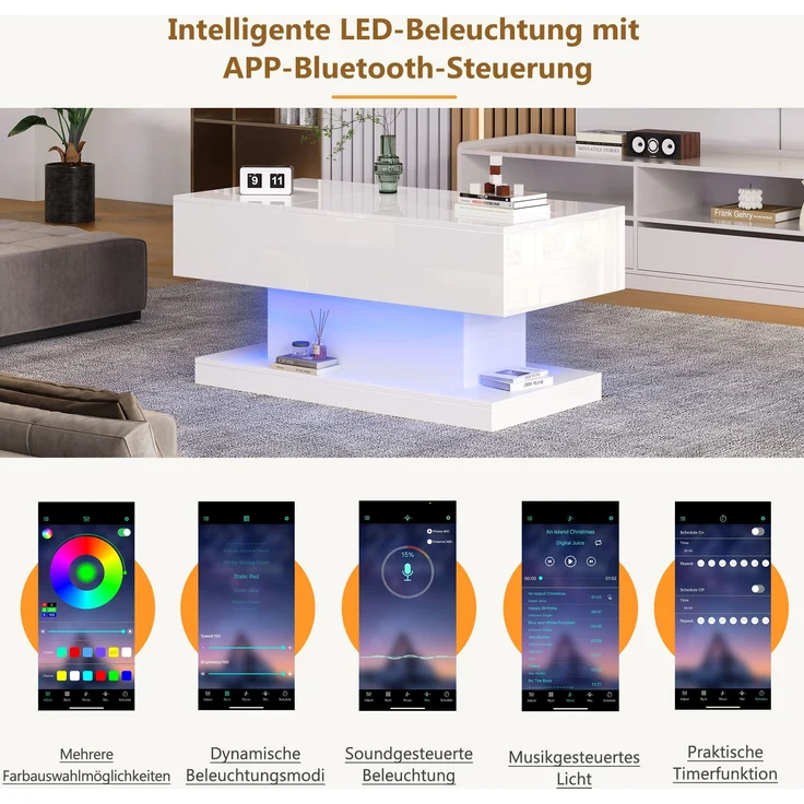 Couchtisch, mit hydraulischem Lift, schiebbarer Platte & LED-Beleuchtung, 100x50x45 cm, Weiß – Bild 8