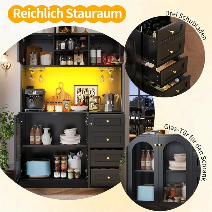 Odikalo Küchenbuffet Küchenschrank Buffetschrank mit LED-Lichtleiste & Getränkehaltern (120 x 40 x 188 cm, Landhausstil, 4 Türen, Schwarz/Weiß) – Bild 3