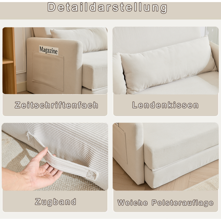 LVHOM Schlafsofa 2-Sitzer, Klappsofa mit Schlaffunktion, Bettsofa aus Cordstoff, Schlafcouch mit Kissen und Seitentaschen, 165x92x82 cm – Bild 4