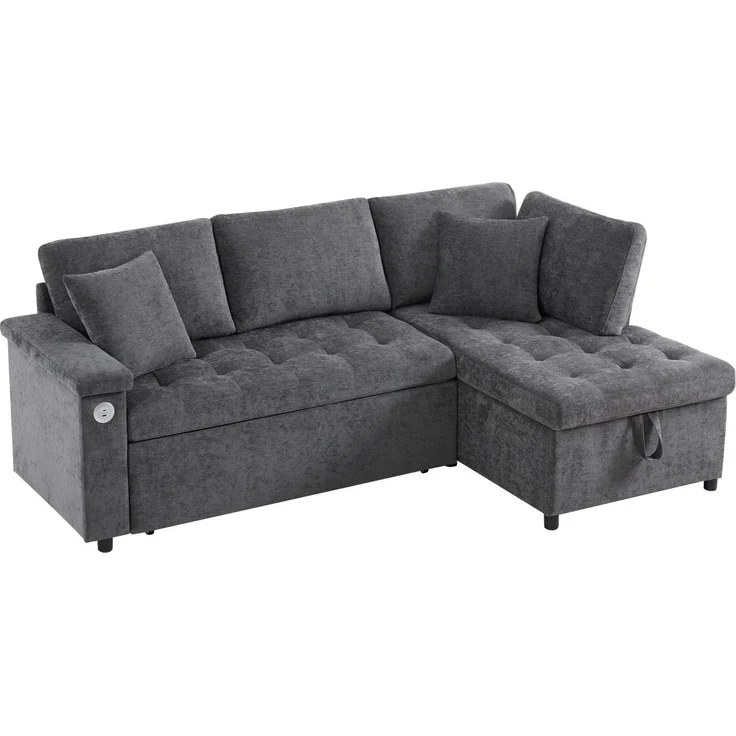 3-Sitzer Sofa mit Bettfunktion, Stauraum, Zierkissen, Rückenkissen, USB und Type-C, Liegefläche erweiterbar, Schlafsofa, Ecksofa, L-Form, Chenille – Bild 6