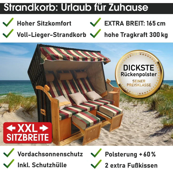 BRAST Strandkorb Usedom 3-Sitzer XXL für 2-3 Personen 165cm breit inkl. wetterfeste Abdeckhaube verstellbare Rückenlehne Fußkissen Rot/Grün/Beige - kariert – Bild 7