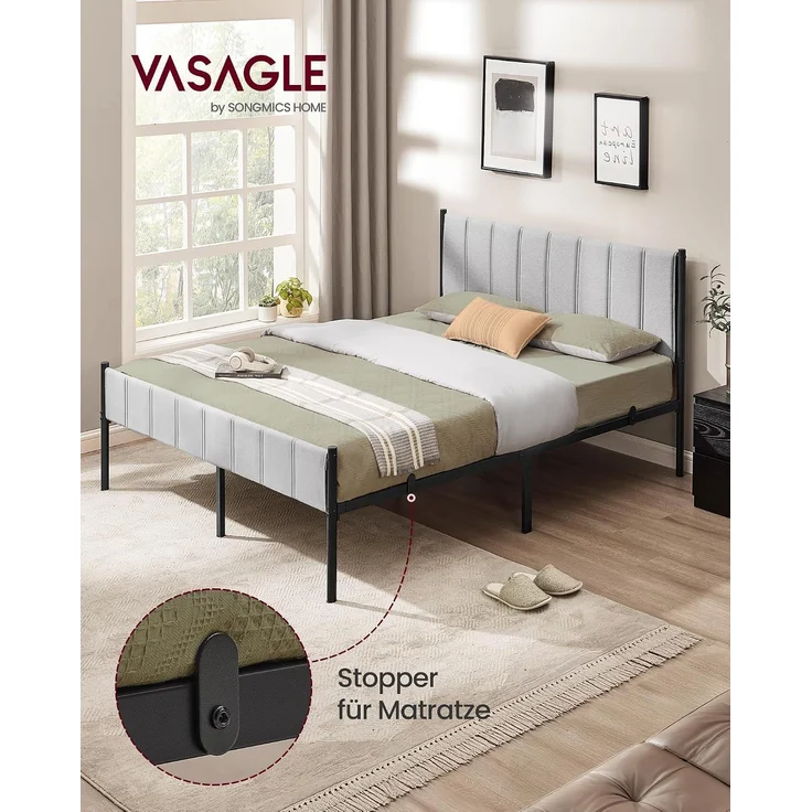 VASAGLE Doppelbett, 160x200 cm, mit gepolstertem Kopfteil, Bettrahmen, Stahl-Latten, trägt bis zu 500 kg, Stahl/Textil Taubengrau – Bild 3