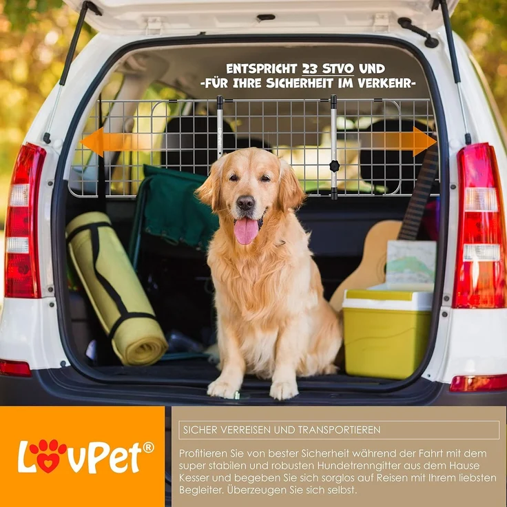 LovPet® Hundegitter Auto, Autoschutzgitter Trenngitter Universal, verstellbare Breite, Kopfstütze Kofferraum Autogitter Maße HxB 30 x 91-153 cm Kofferraumgitter,+ 2x Sicherheitsgurt für Hunde Grau – Bild 2