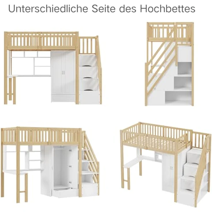 Odikalo Jugendbett Kinderbett Hochbett Kleiderschrank Regal Tisch Treppe 90x200cm – Bild 4