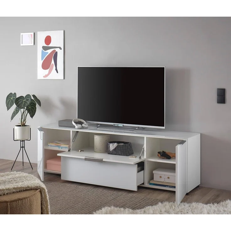 Stella Trading TV-Lowboard Santorin in Weiß, TV - TV Schrank für TV bis 65 Zoll mit viel Stauraum für Ihr Wohnzimmer - 180 x 55 x 40 cm (B/H/T) – Bild 3