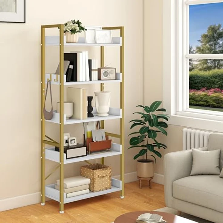 YITAHOME Bücherregal 5 Etagen, Stehend Offen Bücherregal, Metal Schmal Hoch mit 4 Haken Industrielles Lagerregal für Wohnzimmer, Heimbüro, Golden – Bild 2