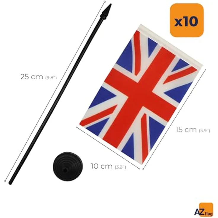 AZ FLAG 10 Stück Tischflagge Großbritanniens – 15 x 10 cm – 10 Mini-Flaggen für Großbritannien – für Büro, 100% Polyester, mit 25 cm Fahne und Sockel aus schwarzem Kunststoff – Bild 3