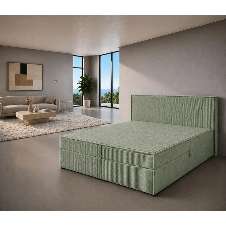 KRISAN MÖBEL Kontinentallbett ASTI Stoff POSO-Cord in Hellgruen 140 × 200 x 106 cm Bett mit Bettkasten und Topper inklusiv Grün – Bild 3