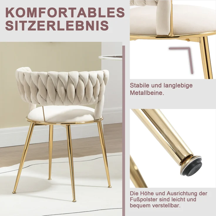 LVHOM Esszimmerstuhl Luxuriöse Samt-Stühle 2er mit Rückenlehne & Metallbeine, Goldene Stuhlbeine & Rahmen, Geflochtener Stil, mehrere Farboptionen, Polsterstuhl, 2 St – Bild 2