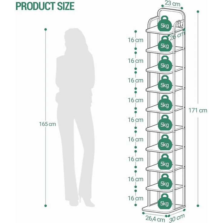 Vertikales Schuhregal, 10-Stöckige Schuhregale, Schuhturm für Kleine Räume, Freistehend, Verstellbar, Platzsparend, Helles Elfenbein und Schwarz – Bild 9