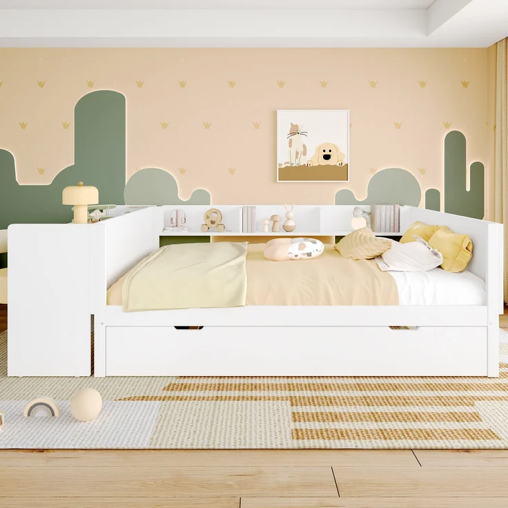 Multifunktionales Holzbett 140×200 cm mit Schreibtisch, ausziehbarem Rollbett & Regalen – platzsparendes Doppelbett – Bild 3