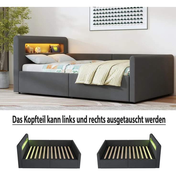 Polsterbett Kinderbett 90*200 cm, Mit LED-Licht, Mit Nachtlicht und USB-Ladeanschluss, Mit Regal, Mit Hydraulischem Stauraum, Einfaches Einzelbett, Jungen- und Mädchenbetten, Samtstoff, Dunkelgrau – Bild 7