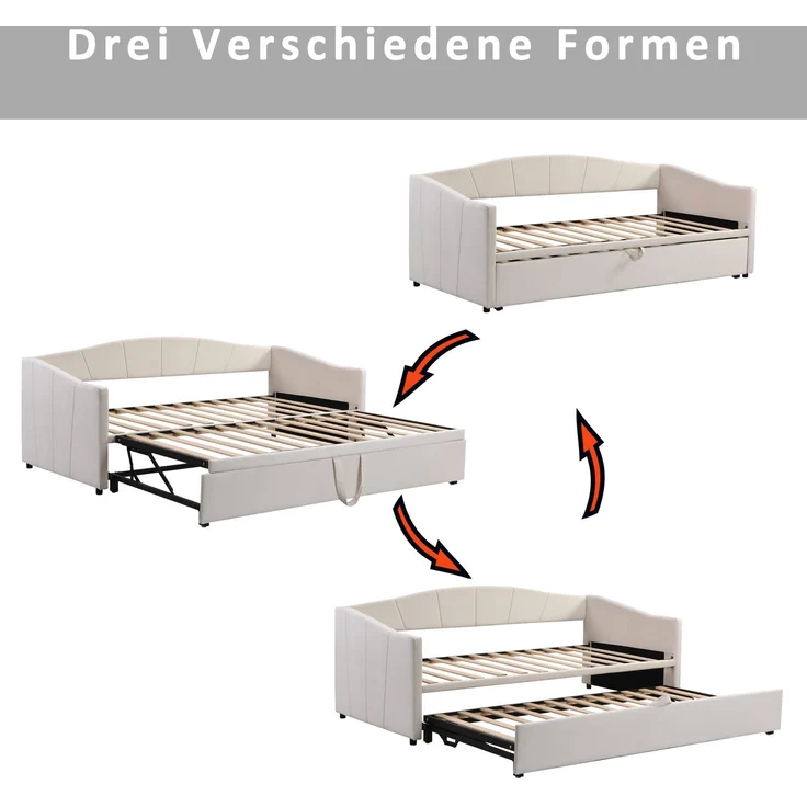 Polsterbett Ausziehbett 90/180x200 cm in Beige, Samtbezug, mit Lattenrost, Matratze nicht enthalten – Bild 9