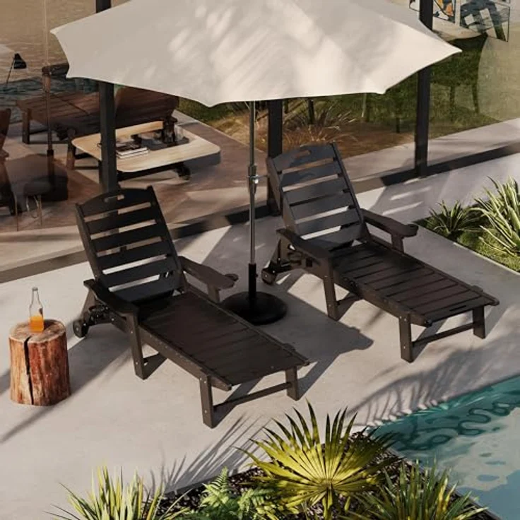 GarveeHome Wetterfeste Gartenliege Aus HDPE, Sonnenliege Mit Verstellbarer Rückenlehne Und Getränkehalter, Lange Poolliege, Für Pool, Strand Und Garten, 150x60x98cm (1 Stück) – Bild 8