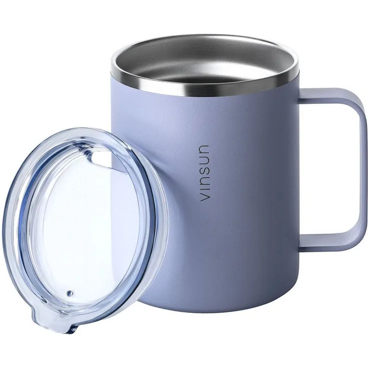 Vinsun Thermobecher Edelstahl Isolierbecher 350ml - Kaffeebecher mit Henkel und Deckel, 2-tlg, Edelstahl, Doppelwandig isoliert, BPA frei, bruchfest, Kalt- und Heißgetränke