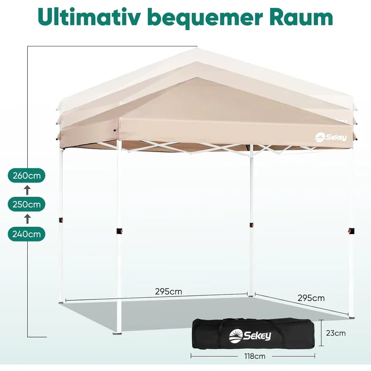 Sekey Premium Pop Up Pavillon 3x3 Wasserdicht Stabil, 3 x 3 m Pavillon mit Seitenwänden, Faltpavillon Partyzelt Faltbar für Camping Party, Höhe Verstellbar 250-270cm, (Khaki, Mit Seitenwänden) – Bild 7