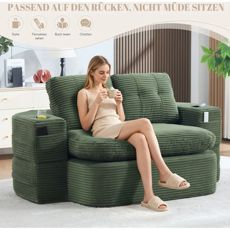 Schlafsessel 2-in-1 165cm×97cm×61cm mit Cord, extra tiefer Sitzfläche und doppelten Getränkehaltern – Emerald – Bild 10