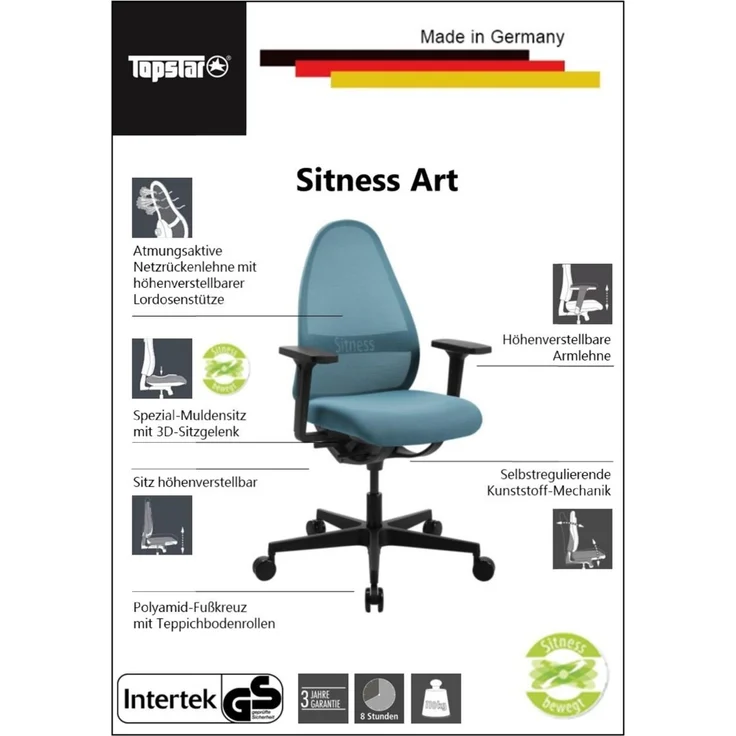 Sitness 'ART' Bürodrehstuhl, Stoff schwarz, 64 x 108 x 64 cm, höhenverstellbar und 110 kg belastbar – Bild 7