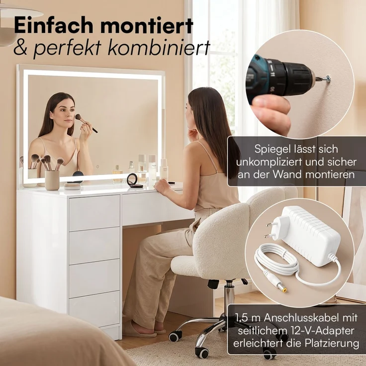 Bellamio 'Livny' Set aus Schminktisch mit Spiegel und Wolkenstuhl, LED-Beleuchtung, mit 5 Schubladen, beidseitig montierbar, weiß Hochglanz, 80x53x110 cm, LED-Beleuchtung mit mit 3 einstellbaren Lichtfarben – Bild 10