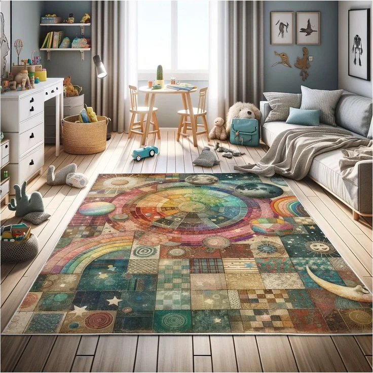 Abakuhaus Teppich Dekorativer Teppich für Wohnzimmer und Schlafzimmer, rechteckig, Planeten Patchwork-Look Weltraum – Bild 1